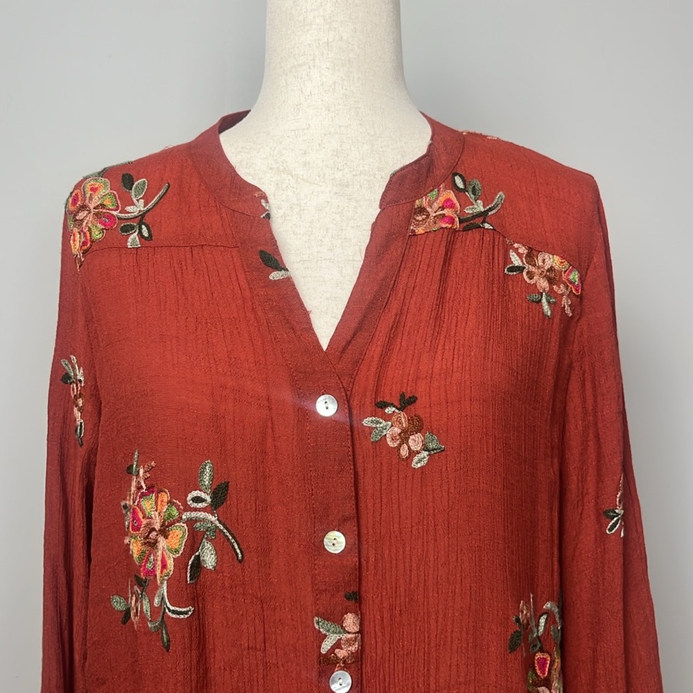 Fig & Flower Rust Floral Embroidered Blouse / SZ L - Picture 2 of 12